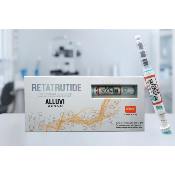 Retatrutide Triple-receptor (GLP-1, GIP, glucagon) weight management research compound. Preloaded 40mg pen for once-weekly subcutaneous injection.